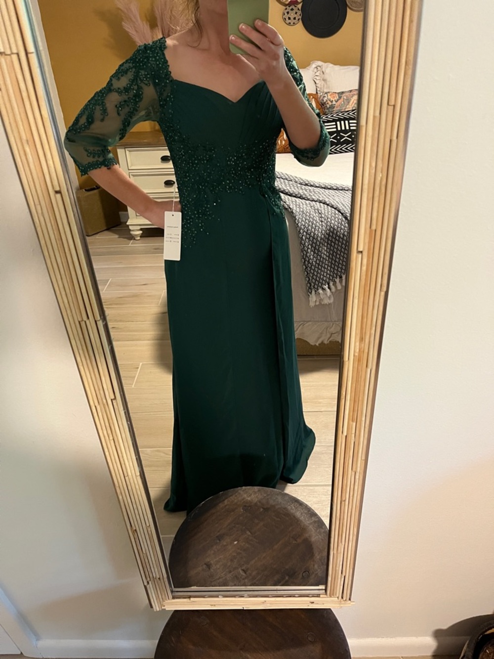 Beaded Forest Green Renaissance Long-Sleeve Evening Dress